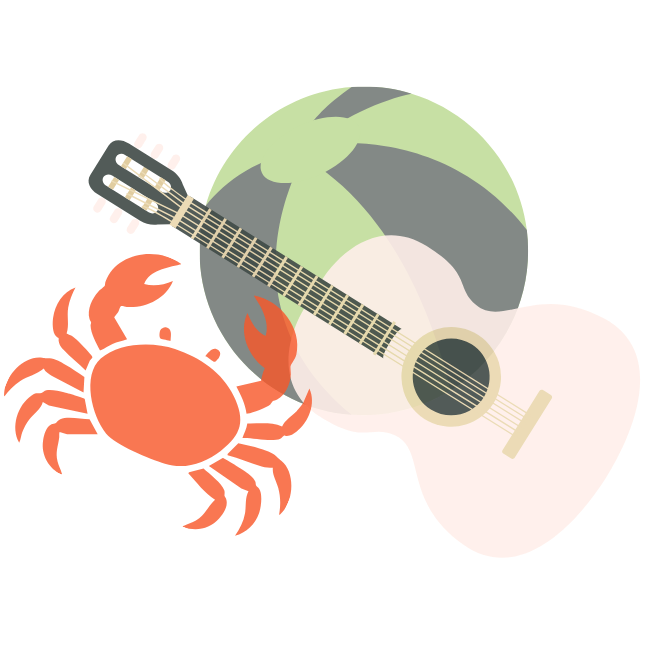 krabba, boll och gitarr, symboliserar läger